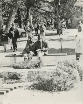 People walking and two sitting on bench.