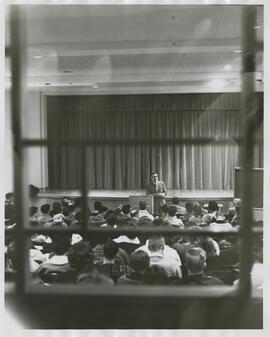 View of students listening to a lecture, circa 1960's-1970's