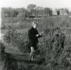 Student trimming evergreen