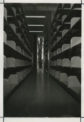 View of empty library shelves, 1969.