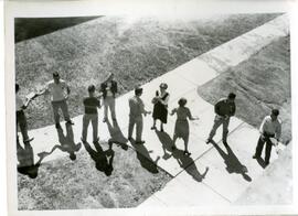 View of the book pass from South Hall, 1954.