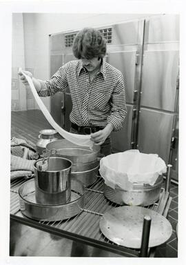Lining the mold in cheese making