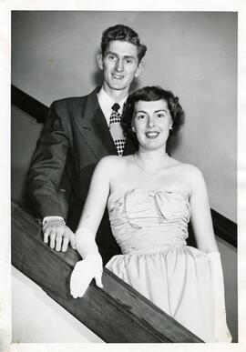 Couple poses on the steps, 1949.