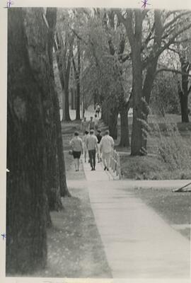 Far away group of people on sidewalk.