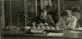 Pair taking notes and using listening equipment