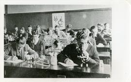 Students in classroom looking at microscopes