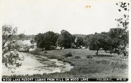 Wood Lake Resort cabins from hill on Wood Lake, Frederic, Wisconsin