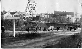 UW - River Falls football team headed to train station for game against UW - Superior, undated