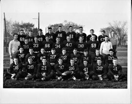 Hudson: schools, sports, football, Raiders, fourth row, Verlyn Benoy, Robert Zarske, Duane Nelson, David Ruemmele, Daniel Borg, Dale Wicklander, Kenneth Larson, Steve Sandberg, Charles Nelson, manager Ronald Simpson; third row, asst. coach Wood, Andrew Kinney, William Wallace, Ralland Trudeau, Walter Johannsen, George Madson, John Breault, Myles Fladager, coach Torgerson; second row, Arvin Lovaas, Kenneth De Whitte, William Hookey, David Cleveland, Clyde Chirstensen, Leroey Colbeth, Vernon Christensen, Neil Katner, Myrion Daniels; first row, Lloyd Erickson, Curtis Nickleby, Robert Beer, John Ferguson, George Nelson, William Heffron, William Hugen, Richard Johannsen, 1947