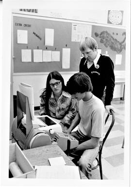 Ellsworth: People, students Patti Brenner and Steve Trual, math teacher Frank Brown, 10/3/1975