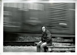 Prescott: railroads and depots, Burlington Northern freight train passing, George Joyce, undated