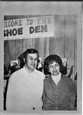 Unidentified people at opening of Shoe Den in River Falls, undated