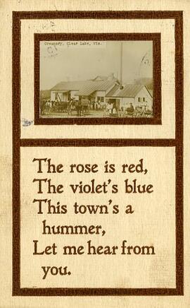 Creamery picture on postcard with poem, Clear Lake, Wisconsin