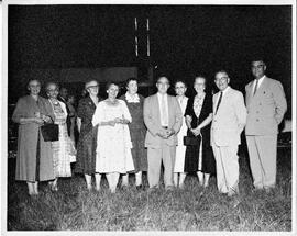 Hudson: schools, Hudson High School, former teachers, l to r, Edna Phillips Beggs, Zelma Lomnes, Agnes Ferguson, Mrs. Wm. Hugen, Ann F. Murphy, Harold Walbrandt, Mrs. Walbrandt, Edith Hanson Sather, Henry Bargen, E.P. Rock, 1957