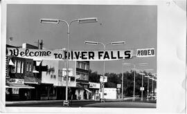 Welcome to River Falls Rodeo sign on Main Street facing North, circa 1960