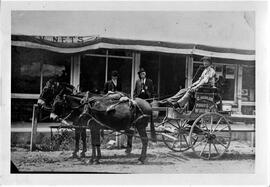 C. Harlen Pumps and Windmill advertising on buggy with horses in River Falls, circa 1890