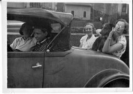 River Falls: People, identified, Lucille Stribel, June Campbell in rumble seat, 1936