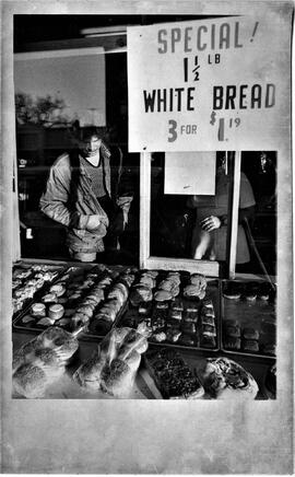 Bread in window of bakery in River Falls, circa 1975