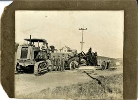 St. Croix County: roads & bridges, World War I surplus, L to R; George Mason, Peter Rassmusson, unknown, E. Gullickson, Herman Vasnandall, Chris Rassmusson, junction of Hwy 12 & 65, 1921