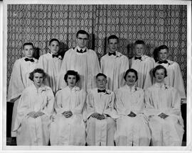 Hudson: Churches, Bethel Lutheran, confirmation class, front row l. to r. Romaine Benson, Mary Ann Simpson, Richard Cameron, Mary Ann Evenson & Jeanette Swenson, Second row l. to r. Thomas Steele, Gerald Johnson, Pastor Scheide, John Posz, Rishard Lemon & Roy Hart, 1954