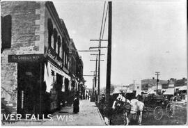 Businesses facing North on Main Street in River Falls, circa 1912