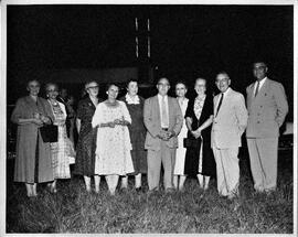 Hudson: people, l to r, Edna Phillips Beggs, Zelma Lomnes, Agnes O'Keefe Ferguson, Gwendolyn Canton Haugen, Ann F. Murphy, Harold Walbrandt, Carol Murray Walbrandt, Edith Hanson Sather, Henry Bargen, Edward P. Rock, 1957