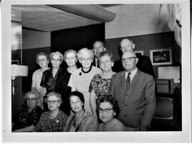Hudson: schools, class of 1912, front row, Hilda Hiller, ?, Jessie Gilbertson Odenwald, Stella Johnson Lommes; back row, Agnes O'Keefe Ferguson, Elsie Michaelson Hert, ?, Ella Walby Carroll, Myrtle Gamble, Harold Stauffer, Aurthur Carlson, Gordon Rockey, circa 1978