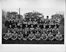 Hudson: schools, Hudson High football team, Junior Raiders, front row, l to r, Kenneth Hanson, James Fredrickson, Kenneth R. Larson, Robert A. Nelson, Charles Wright, Ronald Lein, Raymond Weinberg, William Weitkamp, Richard Adams; second row, Lowell Windahl, Duvonne Bylander, Thomas Haugen, Edward Boody, Russel Johannsen, Rodger Prescott, John Frederickson, Richard Thorson, Russel Nelson; third row, coach Edward P. Rock, Duane Persell, George Wright, Dean Preston, David Berg, Ronald Jensen, Richard Stayberg, Thomas Bowers, David Ohrt, Robert Iverson; back row, Richard Kottke, Kenneth Schweitzer, Wilmer Segerstrom, Dean Larson, Seven C. Houman, Alan St. Ores, Alfred Swanson, Donald Trudell, Terry Beaudry, manager Fred Clymer, 1947